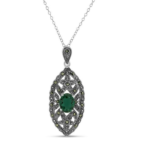 Green Oval Quartz - Sterling Silver Oval Siberian Green Quartz Featuring Swarovski Marcasite Marquise Shaped Pendant 18 Inches