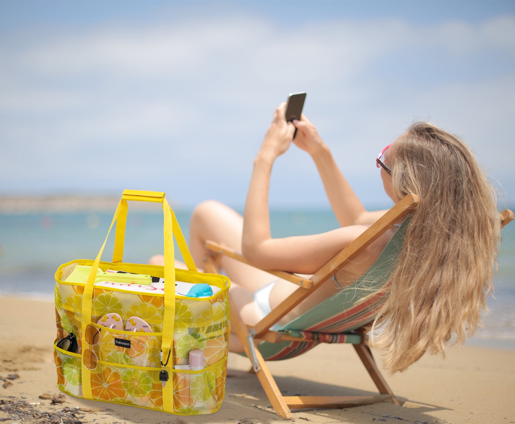 KABAQOO Extra Large Mesh Beach Bag 9-Pocket Waterproof Tote