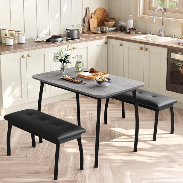3 - piece dining mesa set para 4, comes con 2 forrado benches, space - saving de madera kitchen mesa para small dining room, apartment o home in gris
