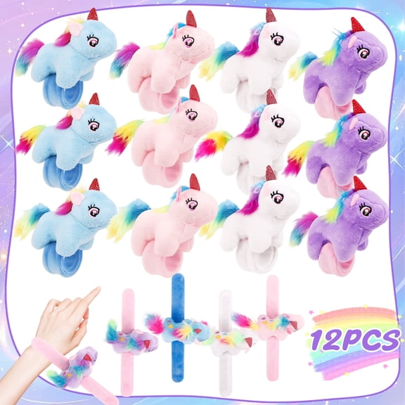 12-Pack Rainbow Unicorn Slap Bracelets, Birthday Party Favors & Portable Plush Toys