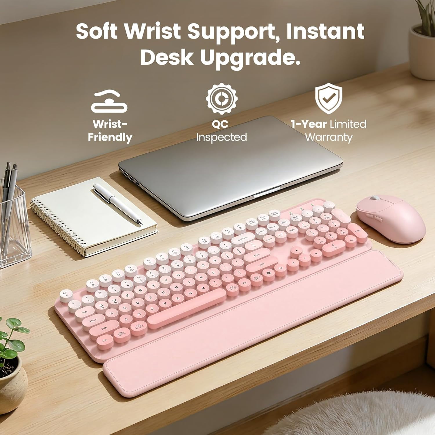 Wireless Keyboard and Mouse Combo, Magnetic Soft-Touch Wrist Rest, Round Keycaps, Full-Size Retro Typewriter Keyboard, 2-Stage Tilt Legs, Auto Sleep, 2.4GHz Cordless for Windows PC, Blush Pink Ombre