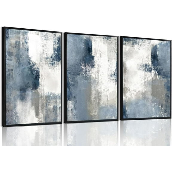 FCCUYE Abstract Wall Art Navy Blue Gray Canvas Large Framed Set of 3 Modern Minimalist Neutral Color Block Shape Artwork Blue Printing Pictures Wall Decor for Living Room Bedroom Office-12x16in