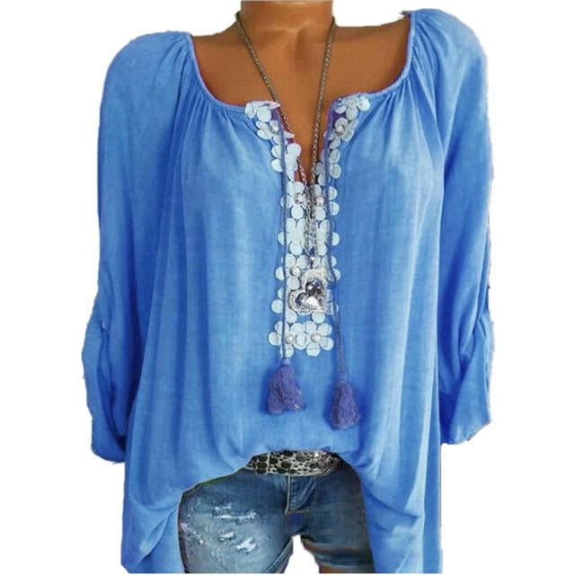 Tralilbee New Large Size Women's Casual All-match Tops Lace Stitching Retractable Long-sleeved V-neck Solid Color Shirts
