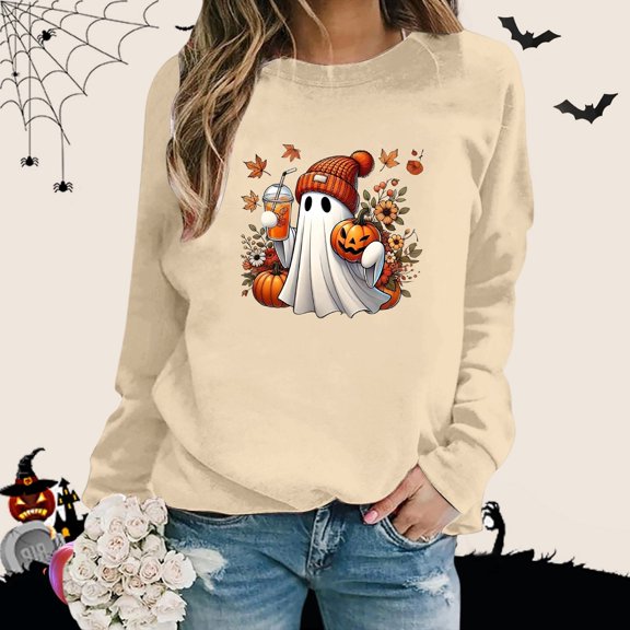 Sweatshirt for Women Oversized Halloween Fall Ghost Pumpkin Floral Graphic Long Sleeve Pullover Crew Neck Streetwear Y2K Casual Loose Fit Top Beige L