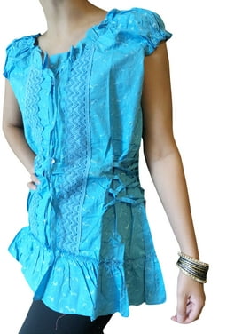 Mogul Women Boho Shirt, Blouse,blue Embroidered Handmade Laceup Gypsy Chic Bohemian Summer Cotton Tops M