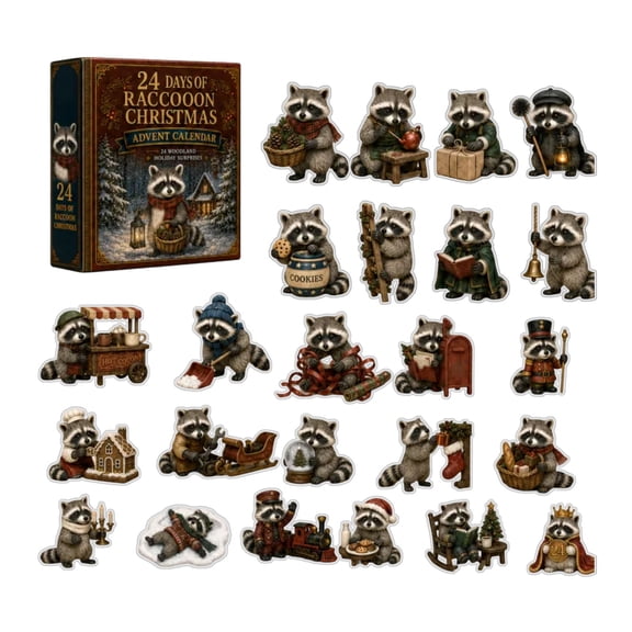 Christmas Raccoon Advent Calendar 2026, 24 Days Countdown Blind Box with Flat Acrylic Woodland Raccoon Figurines for Tabletop Decor Christmas Gifts multicolor