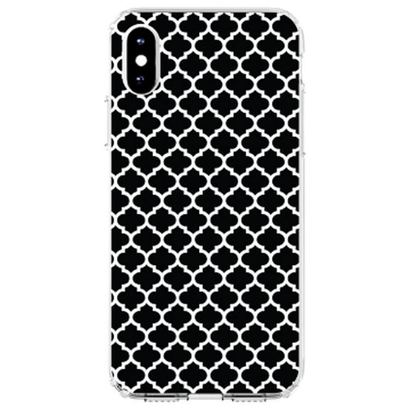 DistinctInk Clear Shockproof Hybrid Case for iPhone X / XS (5.8" Screen) - TPU Bumper, Acrylic Back, Tempered Glass Screen Protector - Black White Moroccan Lattice