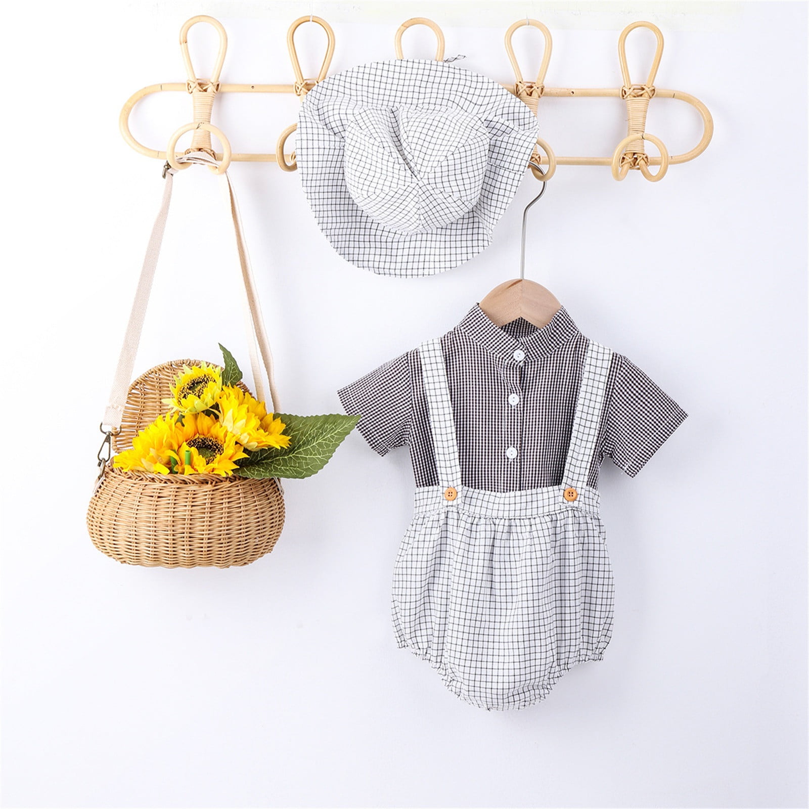 100% Cotton 2pcs Baby Boy Plaid Short-sleeve Romper and Cartoon Dog 3D Ears Overall Shorts Set