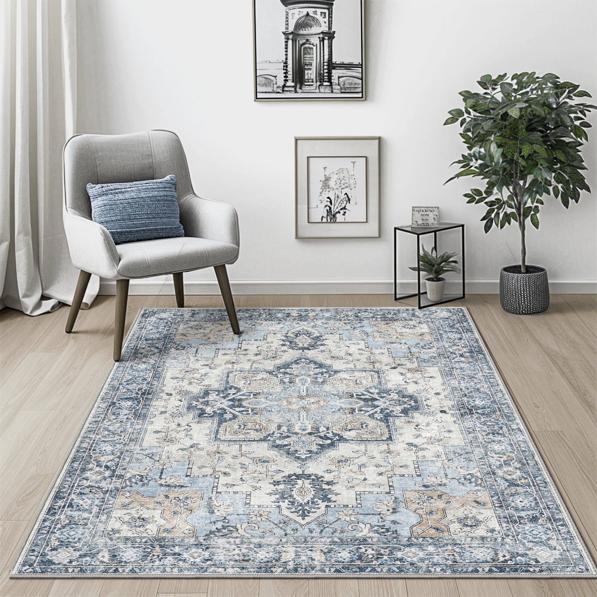 KUETH Modern 3x5 Area Rugs for Living Room, Non Slip Machine Washable Retro Rugs, Low Pile Chenille Print Rug for Bedroom, Dining Room, Home Office, Blue