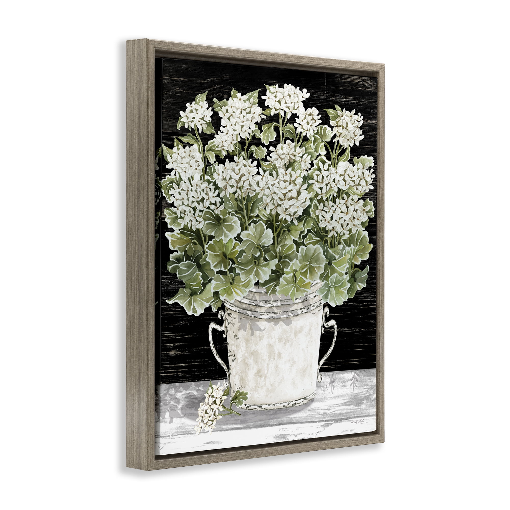 Stupell Industries Country Vase Baby's Breath Plants & Flowers Painting Brown Floater Framed Canvas Art Print Wall Art, 17 x 21