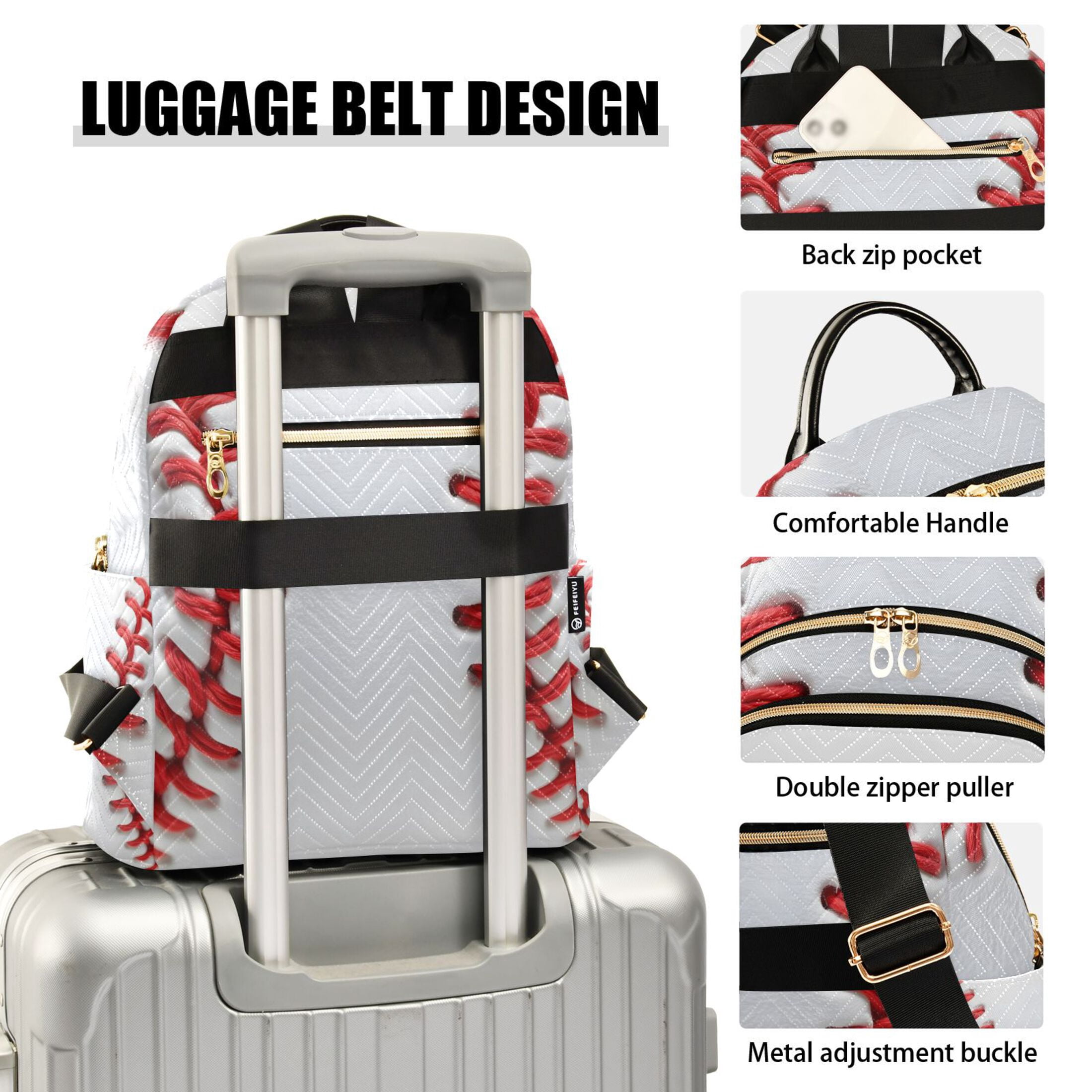 White Baseball Close Up Quilted Backpack Fashion Daypack Commuter Bag for Women 8.5 L