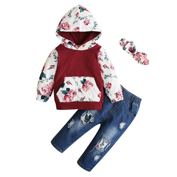 Odeerbi Clearance Baby Children's Girls Sunflower Leopard Hooded Sweater Denim Trousers Jeans 3pcs