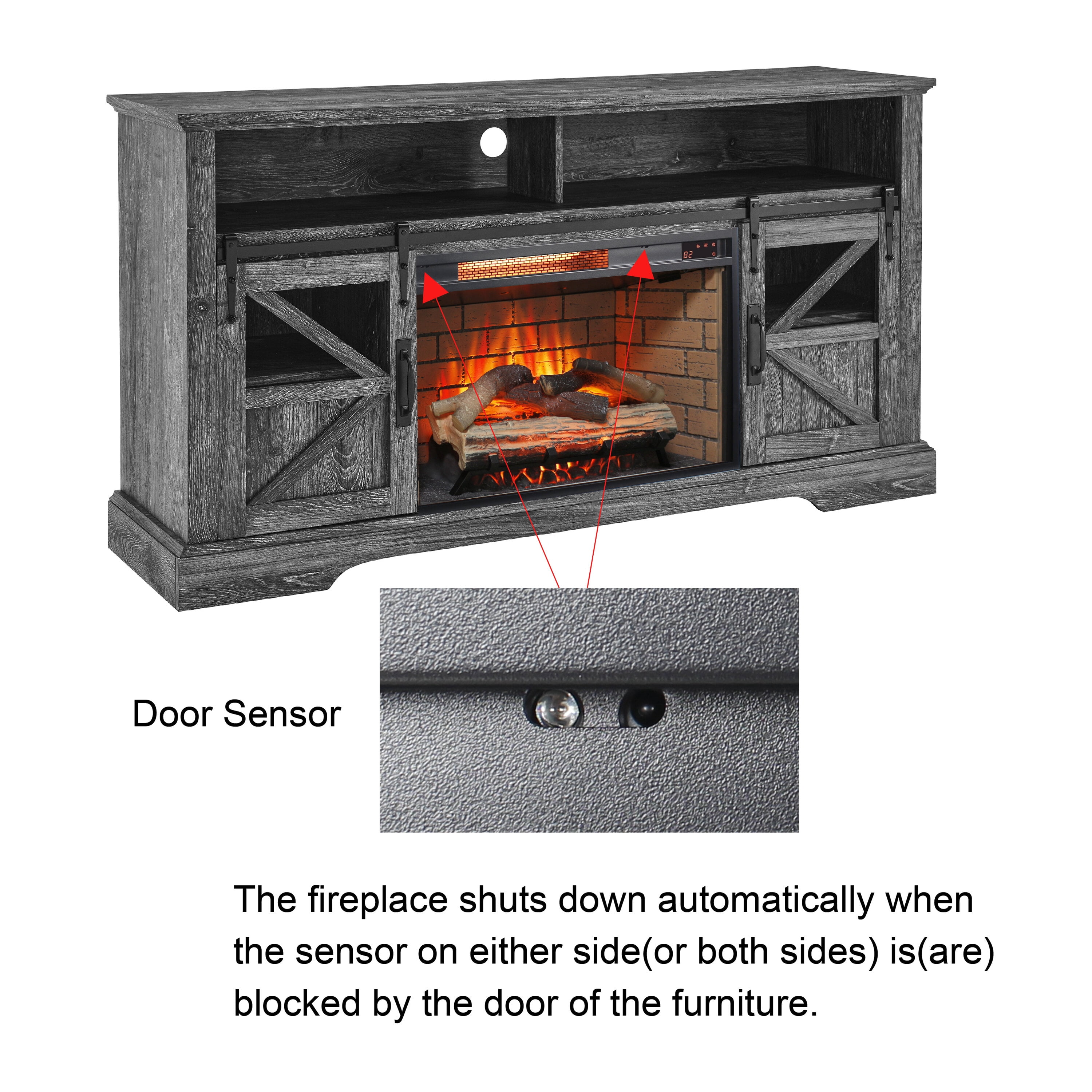 Electric Indoor Fireplaces, 60 Inch Electric Fireplace Entertainment Center With Door Sensor-Dark Rustic Oak, Dark Oak Indoor Fireplaces,Wood+Stainless Steel+Glass Fireplace Tools Set
