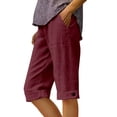 thumbnail image 2 of Siminsem Cotton Linen Shorts for Women High Waisted 5" Inseam Cuffed Hem Drawstring Elastic Waist with Pockets Summer Casual Five Point Pants Beach Travel Lounge, Wine, L, 2 of 4