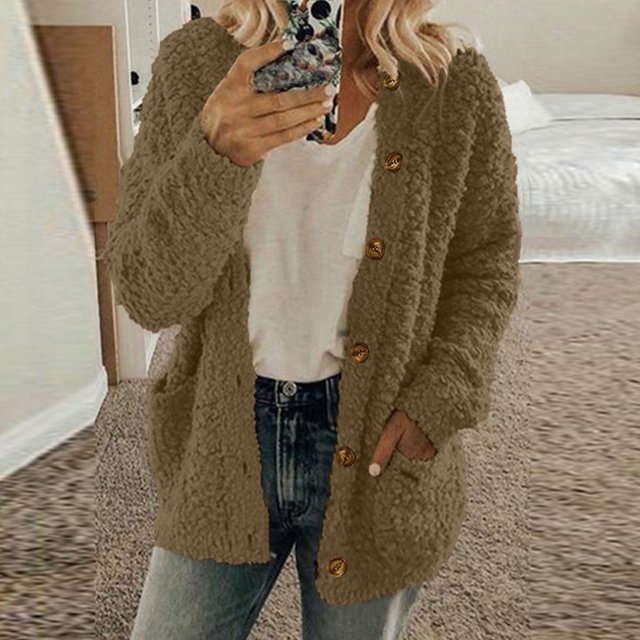 Chaqueta y abrigos casuales de manga larga sin capucha para mujer, chaqueta informal de color liso con bolsillos y botones, chaqueta de felpa para mujer