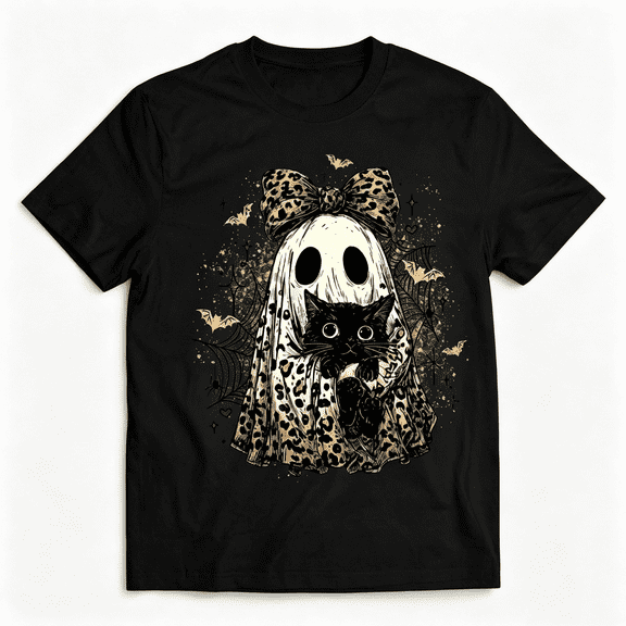 Unisex Halloween Leopard Ghost Graphic tshirt, Cute Spooky Black Cat Graphic Crew Neck Short Sleeve Fall Top Halloween Clothing