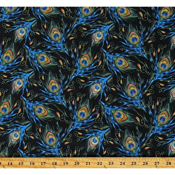 Cotton Peacocks Feathers Birds Plumes Blue Green Gold on Black Cotton Fabric Print by the Yard (119636)