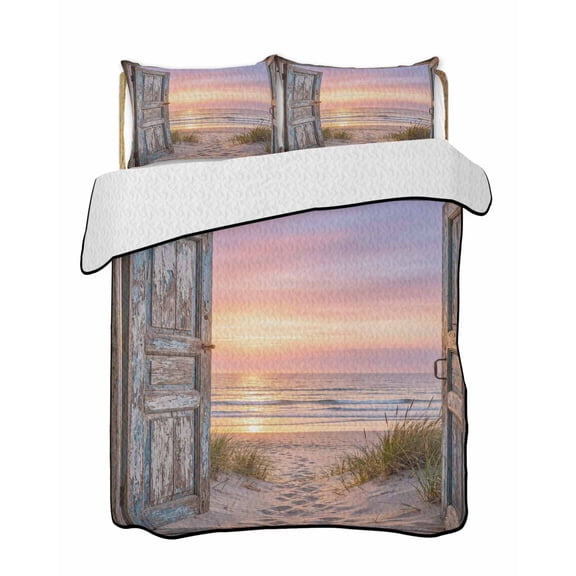 Twin XL Quilt Bedding Set, Vintage Door Coastal Reversible Summer Quilt 3 Pieces, Sunset Seaside Summer Beach Lightweight Bedspreads Coverlets with 2 Pillow Shams for All Seasons