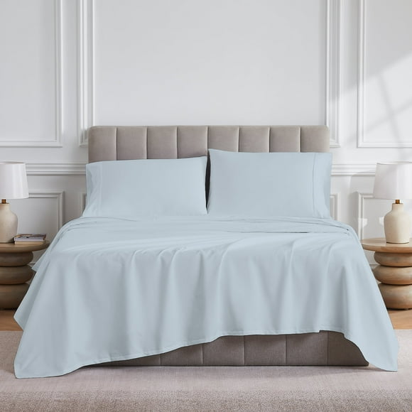Refurbished Color Sense Cotton Sateen Bed Sheet Set, 400-Thread Count, Wrinkle Resistant, Deep Pocket Fitted, Light Blue, Queen, 4-Piece