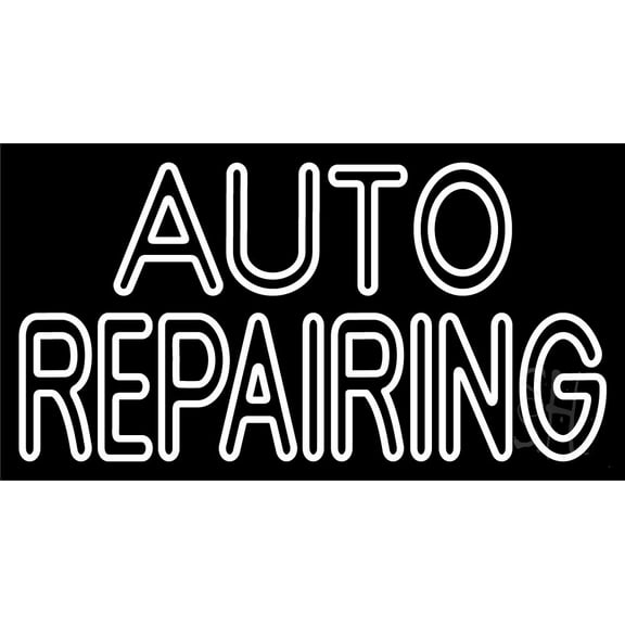 White Double Stroke Auto Repair LED Neon Sign 13 x 24 - inches, Clear Edge Cut Acrylic Backing, with Dimmer - Bright and Premium built indoor LED Neon Sign for automotive store, and mall.