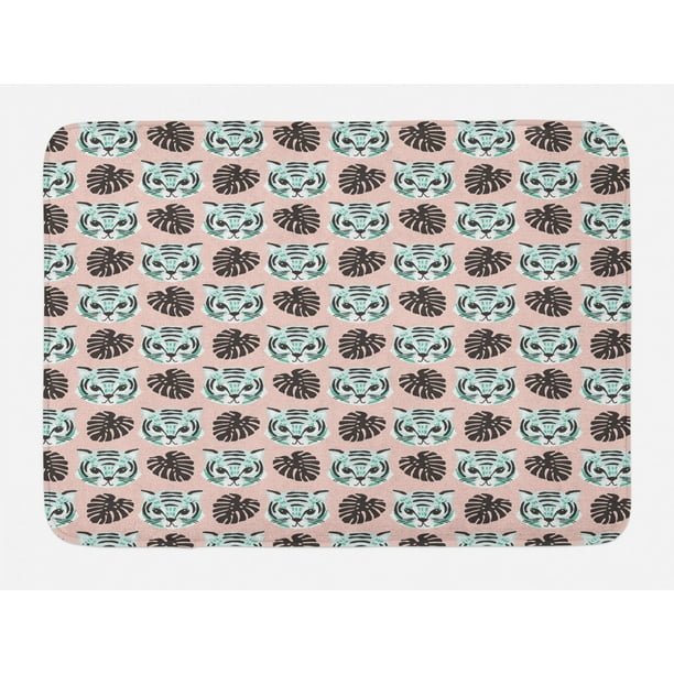Jungle Bath Mat Composition Of Tiger Portraits And Dark Grey Monstera Leaves Forest Scene Plush Bathroom Decor Mat With Non Slip Backing 29 5 X 17 5 Blush Pale Teal White By Ambesonne