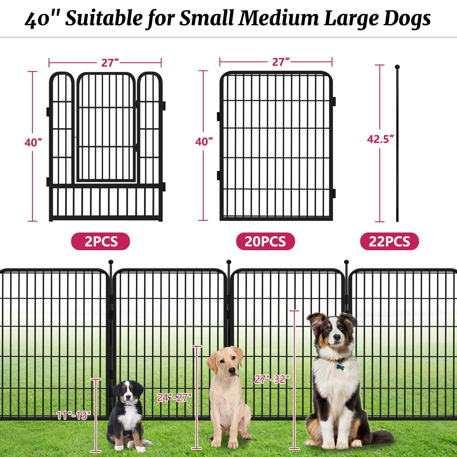 Jhsomdr Dog Playpen Outdoor 22 Panels 40" Height Heavy Duty Metal Dog Fence with Gate Pets Puppy Playpen Exercise Dog Pen for Small/Medium/Large Dogs