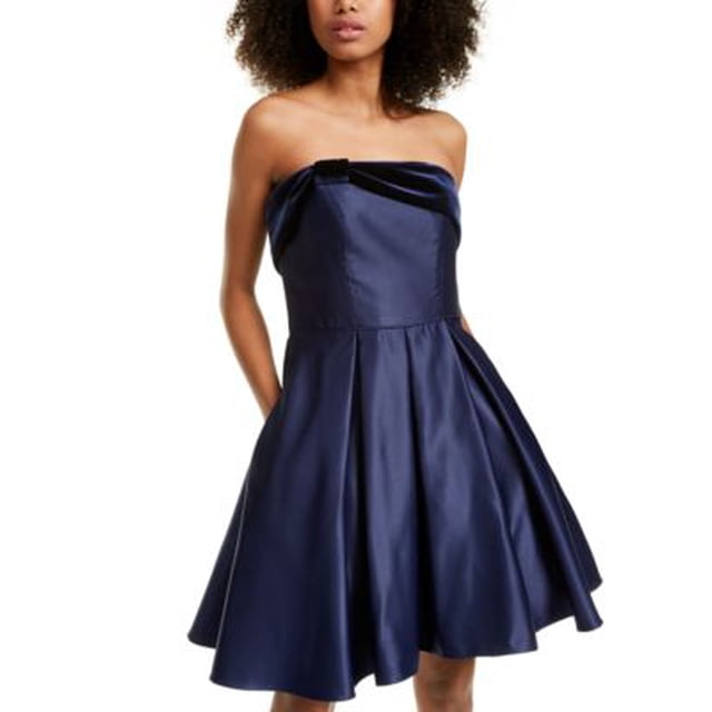 BLONDIE Robe de Fête Ajustée et Évasée Sans Bretelles au-Dessus du Genou avec Fermeture Éclair pour Femmes Marine 1
