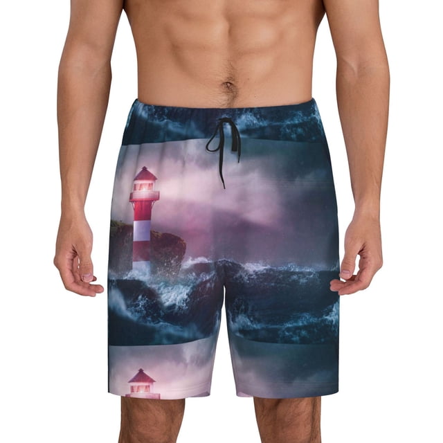 Balery lighthouse Waves Torrential Rain Pantalones cortos de pijama de punto de algodón para hombre con cinturilla y bolsillos-XX-Large