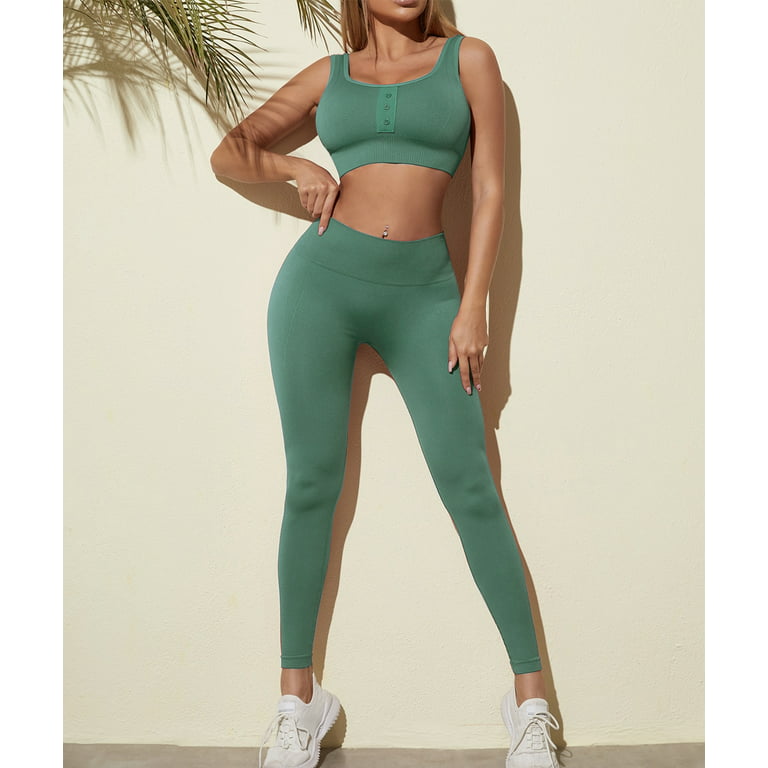 Zimi Workout Outfits for Women 2 Piece Seamless Rib-knit Sports Bra High  Waist Yoga Leggings Sets Green L 
