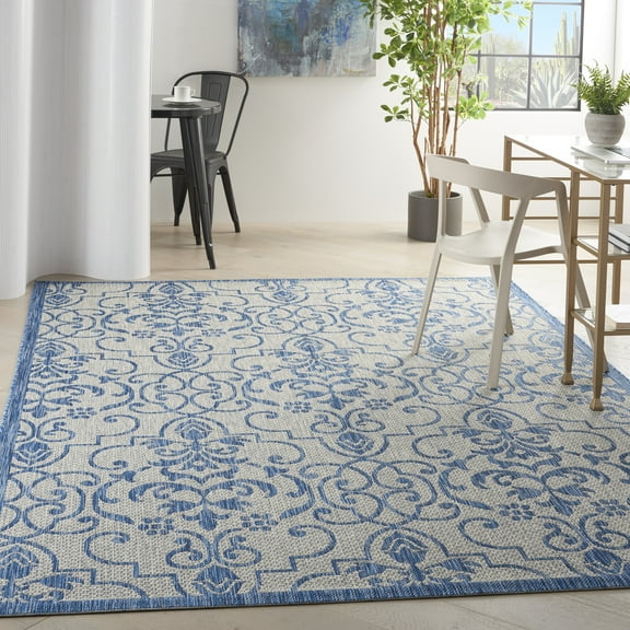 Nourison Garden Party Indoor/Outdoor Transitional Damask Ivory/Blue 7' x 10' Area Rug, (7' x 10')