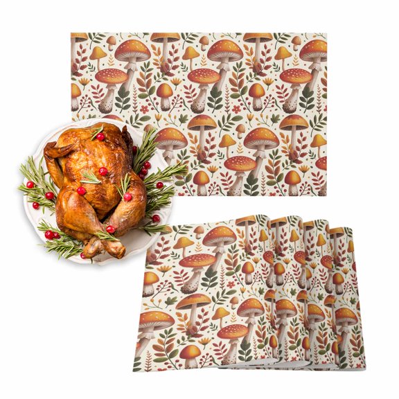Fall Placemats Set of 6 Mushroom Place Mats Thanksgiving Placemat Autumn Maple Leaves Berry Flower Table Mats for Dining Kitchen Table Holiday Dinner Party Home Fall Decorations 13x19 Inch