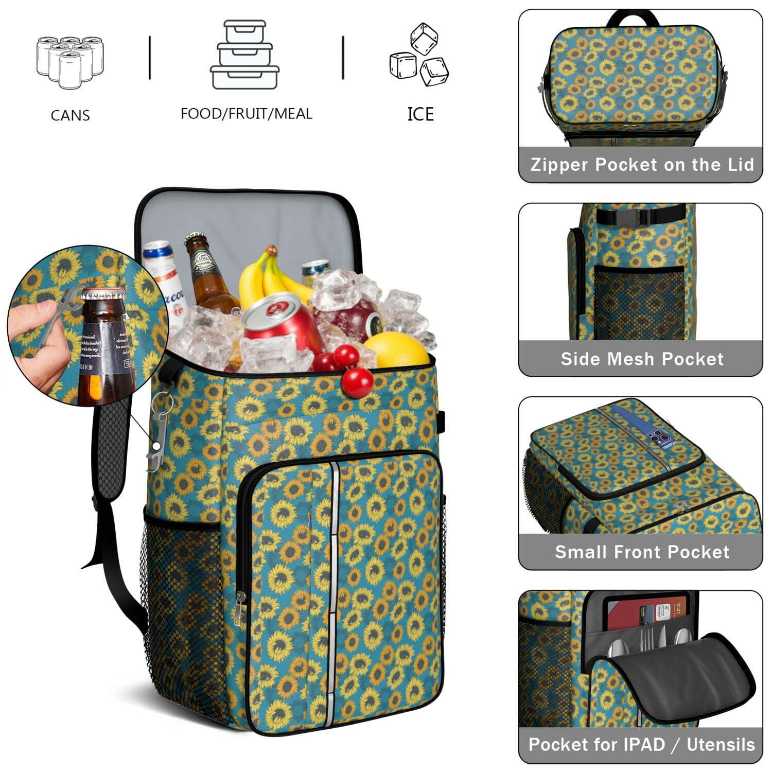 Travel Cooler Bag - Sunflower Camping Beer Cooler Backpack with Bottle Opener- Waterproof Insulated Picnic Backpacks - Cooler Bag for Beach