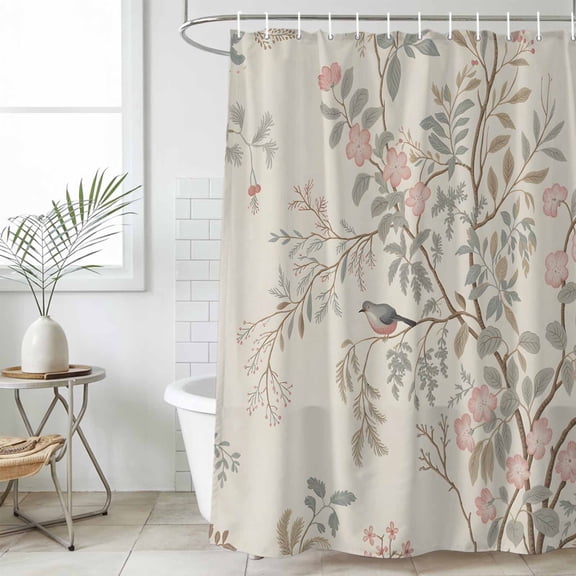 Fall Flower Small Stall Shower Curtain, Waterproof Shower Curtains for Bathroom, Vintage Autumn Bird Floral Tree Leaf Plant Washable Fabric Cloth Bath Curtain for Bathtub with Hooks 36x78 Inches