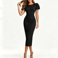 thumbnail image 2 of Women's Puff Sleeve Bodycon Work Dresses Crew Neck Business Casual office Pencil Dress Black XL(XL), 2 of 8