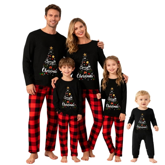 Family Matching Christmas Pajamas, String Lights Christmas Tree Print Long-Sleeved Tops   Elastic Waist Plaid Trousers/Romper