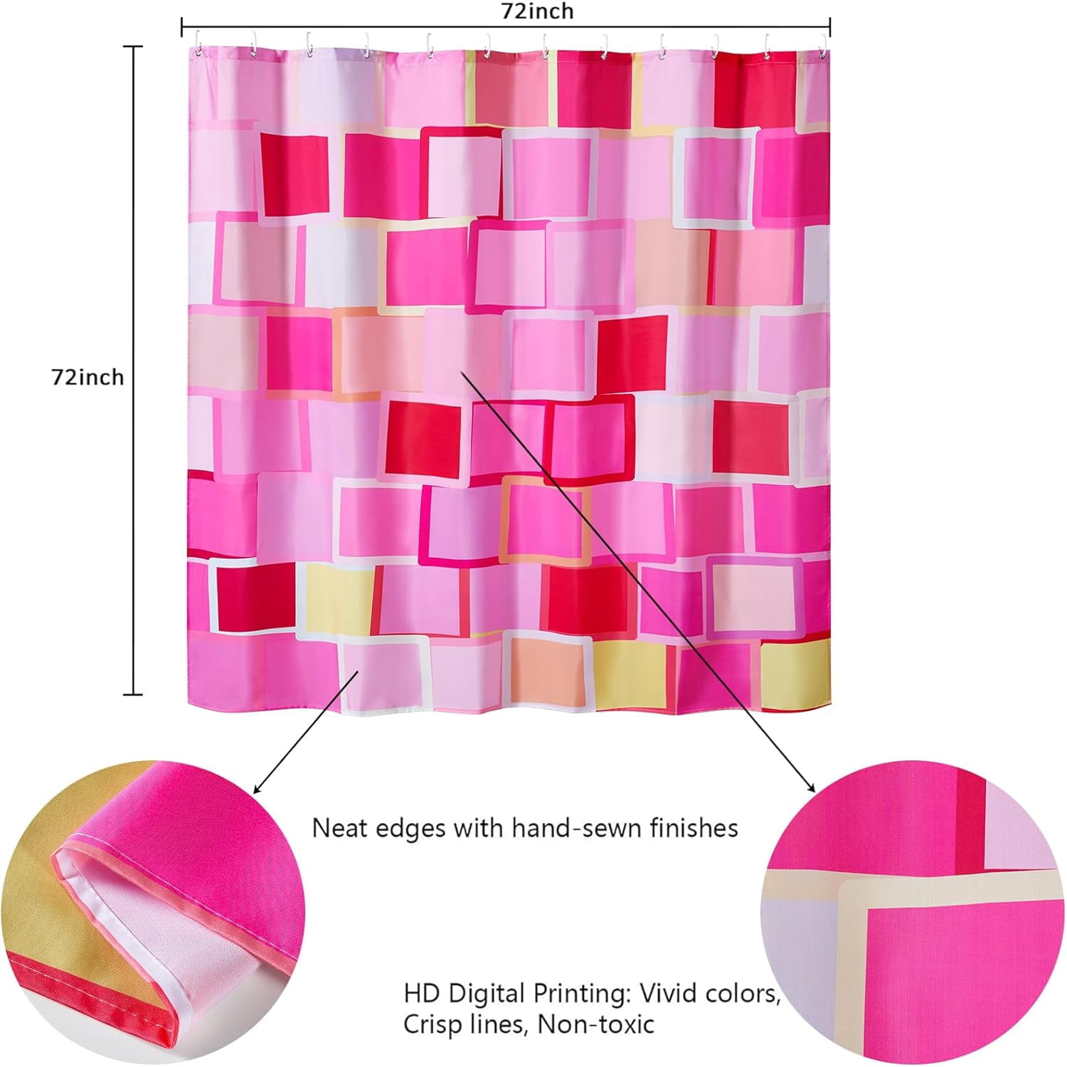 Colorful Pink Fabric Shower Curtain for Bathroom Aesthetic Decor, Heavy Duty Bright Abstract Geometric Modern Y2K Simple Groovy Preppy Shower Curtain Set with Hooks