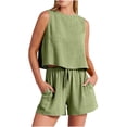 thumbnail image 2 of Womens Summer 2 Piece Outfit Solid Casual Cotton Linen Suits Loose Crew Neck Sleeveless Tops Drawstring Elastic Waist Shorts Pockets(2XL,Mint Green), 2 of 6