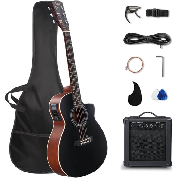 GLARRY 41in Full Size Acoustic Electric Guitar Beginner Kit with 15W Amp, 5-band EQ Dreadnought Design 6 Strings Electric Acoustic Guitar with Bag, Strap, Picks, Strings, Wrench (Black)