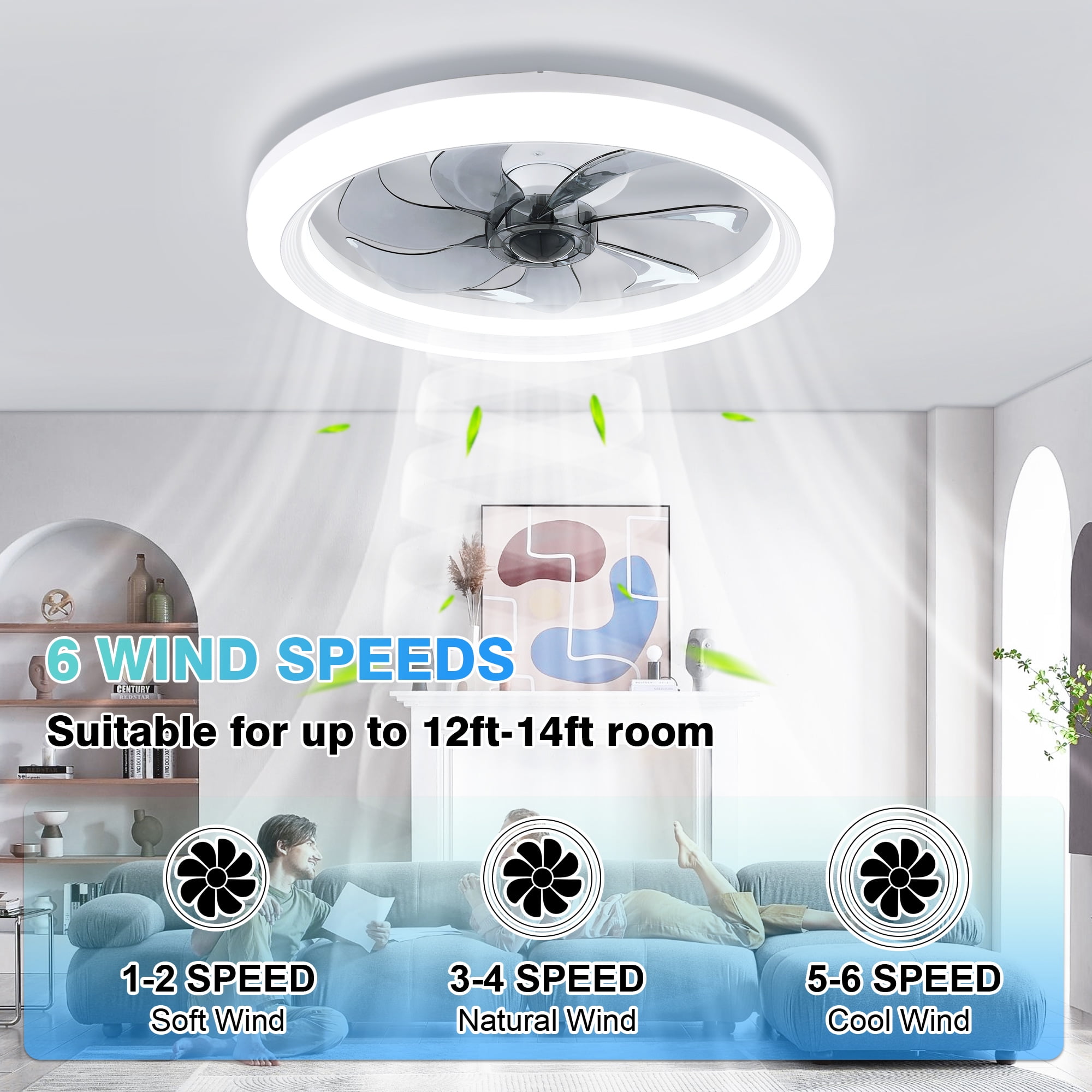 AGTANA 20'' Bladeless Ceiling Fans with Lights and Remote Control, Dimmable LEDs Lights, 6-Speeds