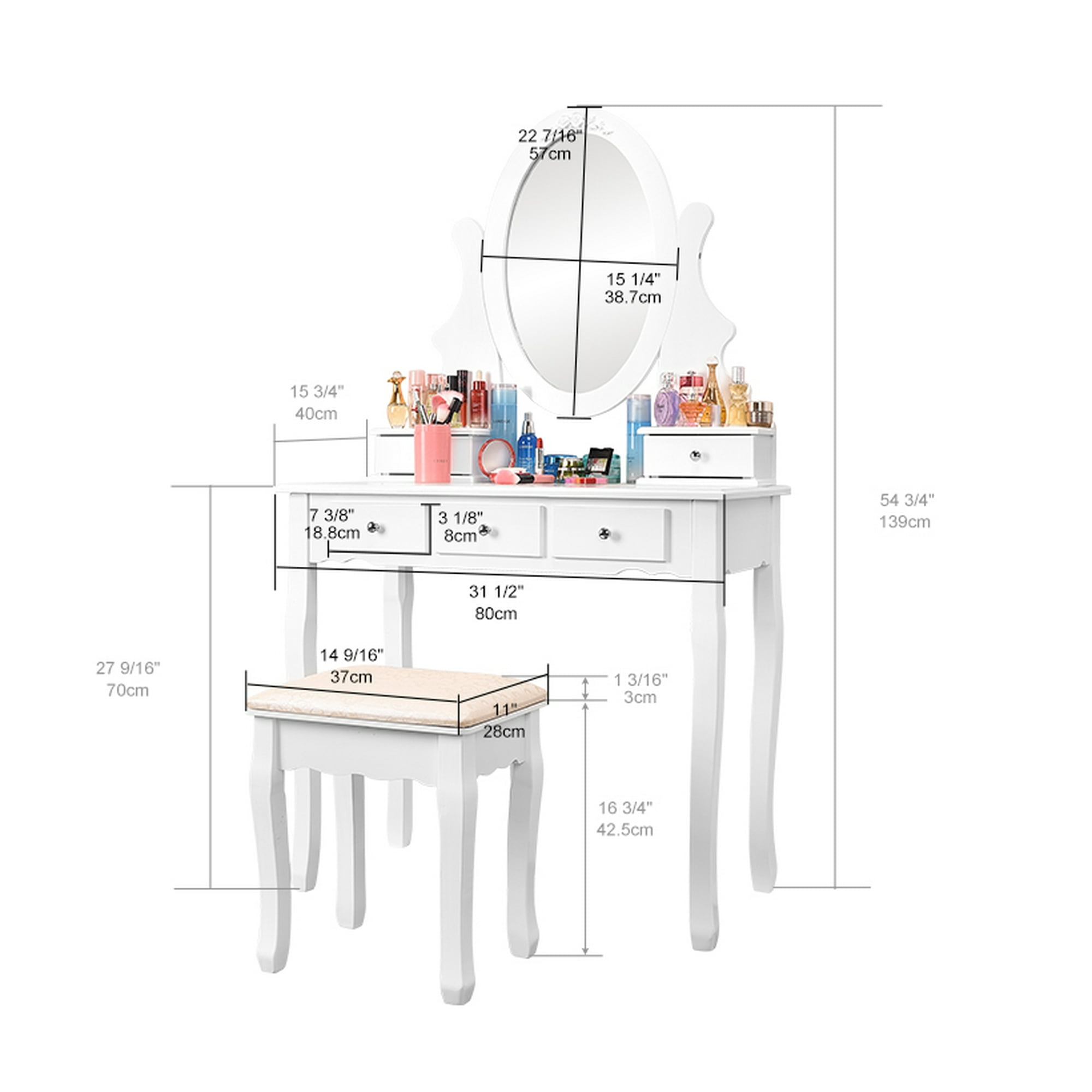 Makeup Vanity Table Set With Oval Mirror And Cushioned Stool