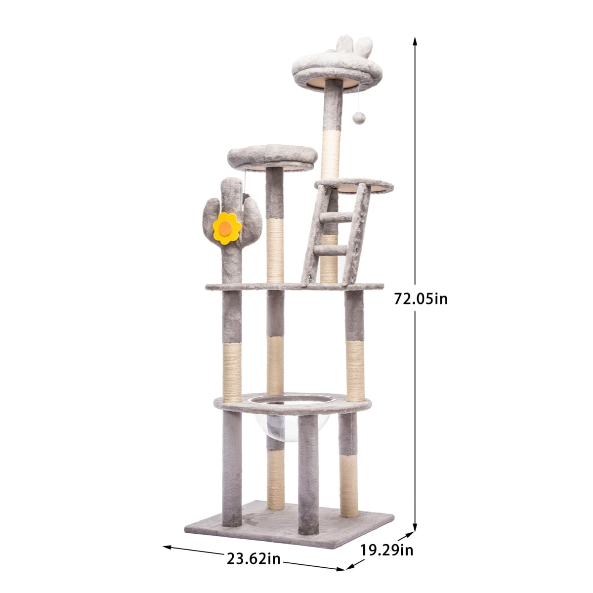 72in Cactus Cat Tree Tall Cat Tower Indoor Cats with Transparent Capsule Sisal Scratching Posts Gray
