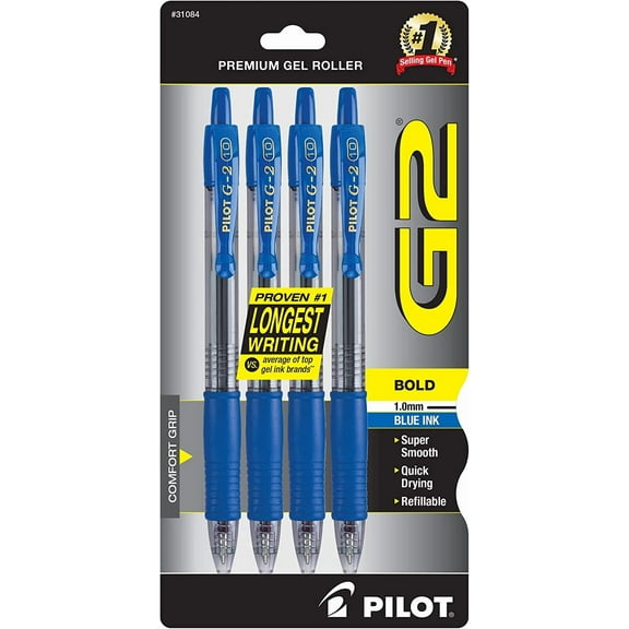 Pilot, G2 Premium Gel Roller Pens, Bold Point 1 mm, Pack of 4, Blue