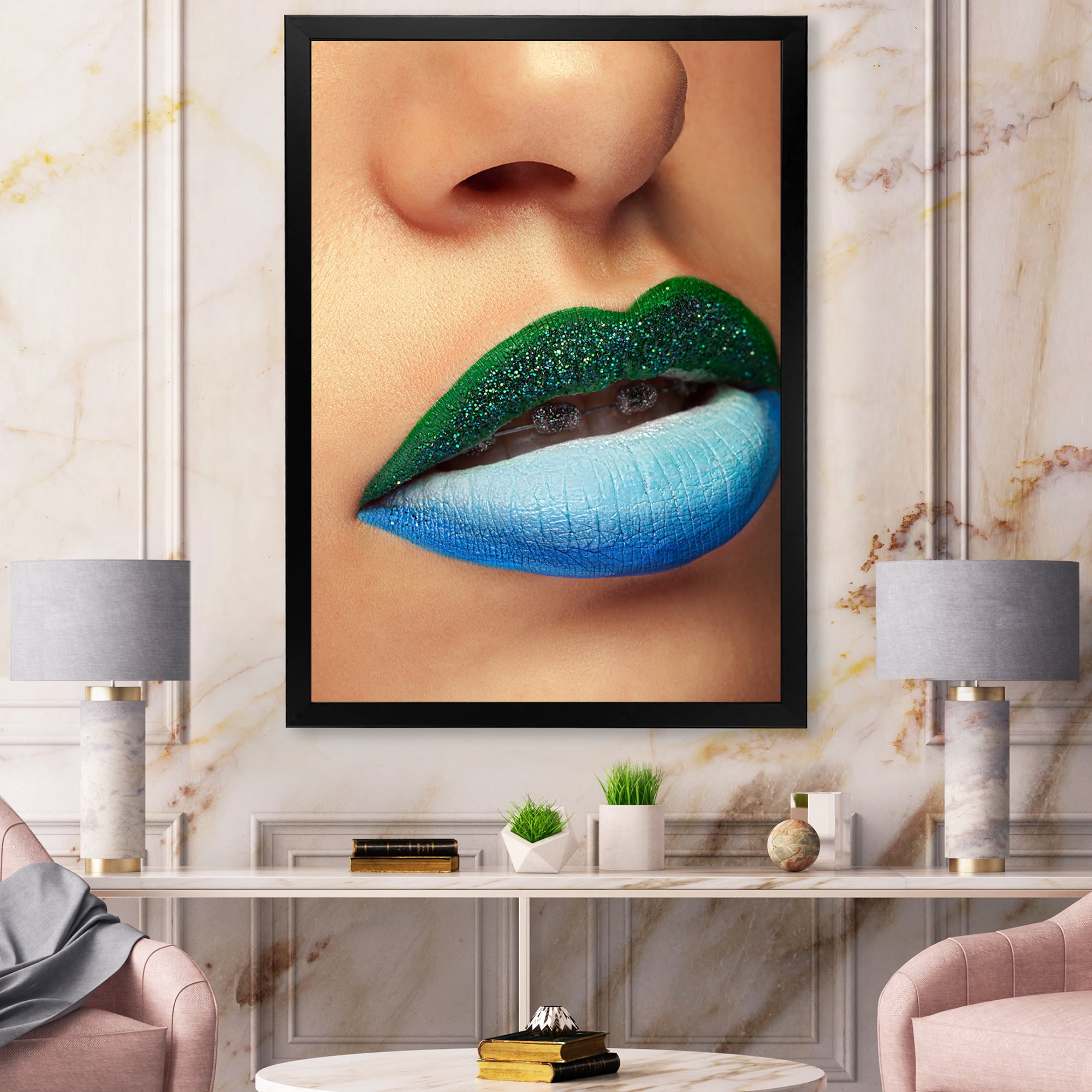 Designart 'Close Up Woman Lips With Fashion Make Up and Brackets' Modern Framed Art Print