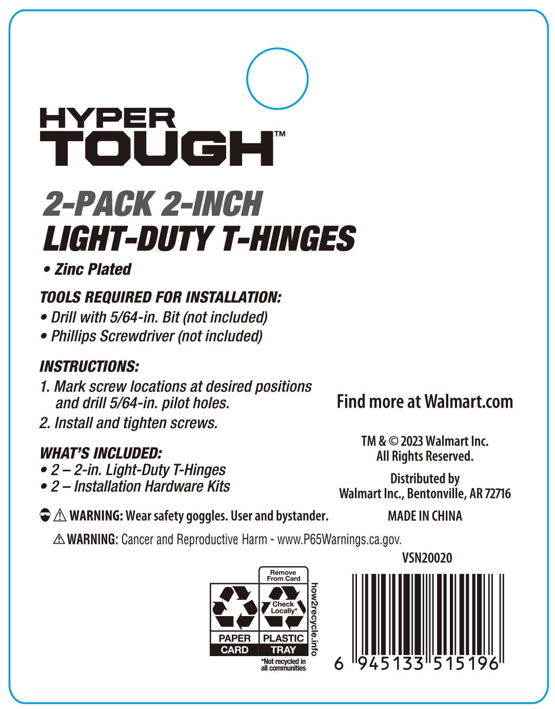 Hyper Tough 2 inch. Light Tee Hinge, Zinc Plated (2 Pack)