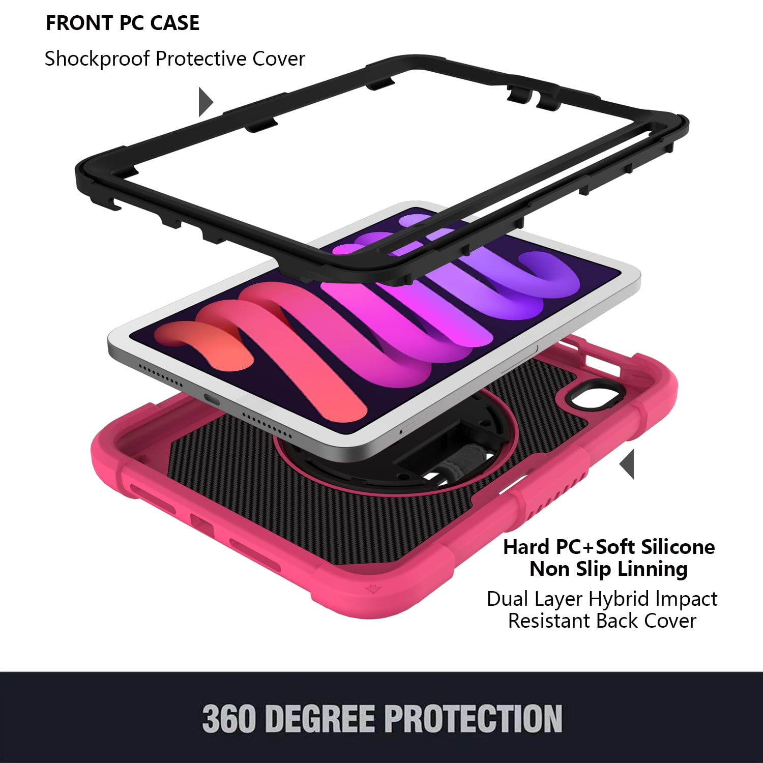 Allytechgroup kids Case for Apple iPad Mini 7 A17 Pro Case iPad Mini 7th/6th Generation Case 2024/2021, Military Grade Drop Protection with Hand/Shoulder Strap Rotating Stand Pencil Holder, Rose