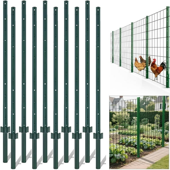 10 Pack Fence Post, 4/4.8/5/7 Ft U-Channel Heavy Duty Metal Fence Posts, Sturdy Steel Fence Stakes for Garden Yard, Lawn, Farms and Outdoor Wire Fencing