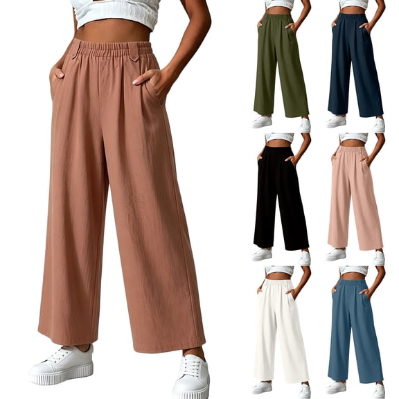 Women's 100% Cotton Loose Casual Long Pants with Pockets, Elastic Waist Straight Leg Comfy, Daily Casual Lounge | VerBelle,Army Green L