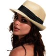 thumbnail image 1 of DRESHOW Sombrero panamá de paja para mujer, sombrero de viaje Fedora para playa, sombrero para el sol, sombrero enrollable de paja de ala ancha UPF 50+, 1 of 1