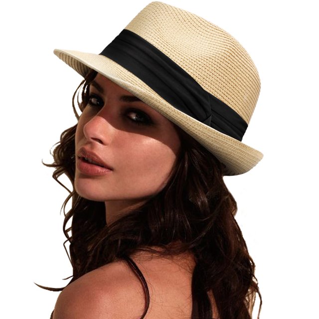DRESHOW Sombrero panamá de paja para mujer, sombrero de viaje Fedora para playa, sombrero para el sol, sombrero enrollable de paja de ala ancha UPF 50+