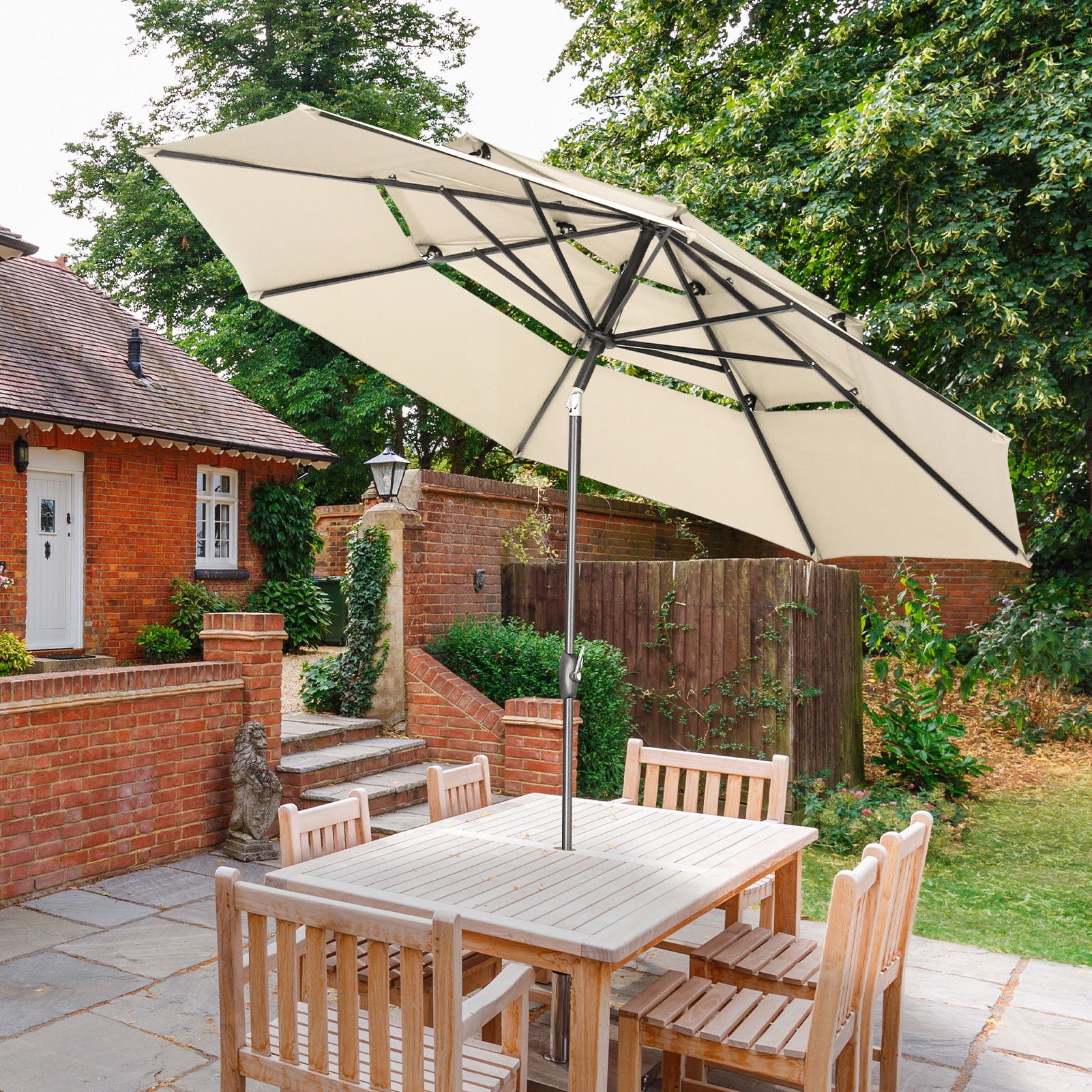 Ainfox 10ft Patio Umbrella 3 Tiers,Outdoor Table Market Umbrella w/Tilt Adjustment and Crank for Garden,Deck,Beach,Backyard,Pool,Khaki